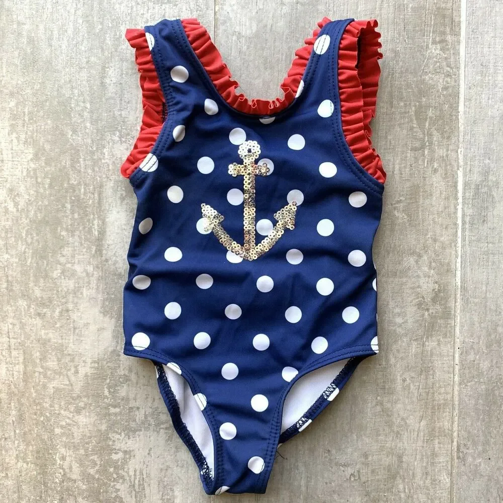 PENELOPE MACK Toddler Girls Polka Dot Swimsuit Anchor American Flag 4th 18M